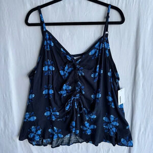 Floral Navy Sleeveless Top With Adjustable Straps and Front Tie Detail NWT